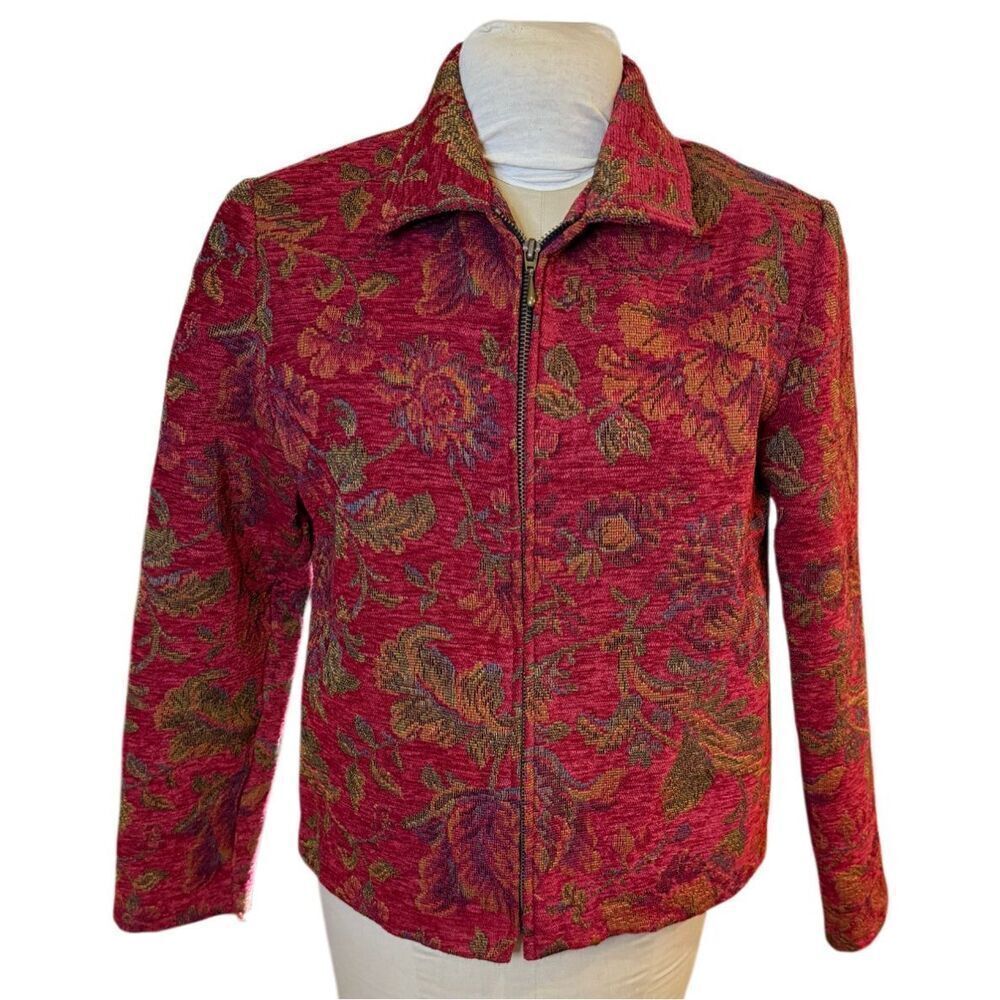 Portrait Tapestry Full Zip Jacket Vintage Sz. M Red and Gold Boho Festival